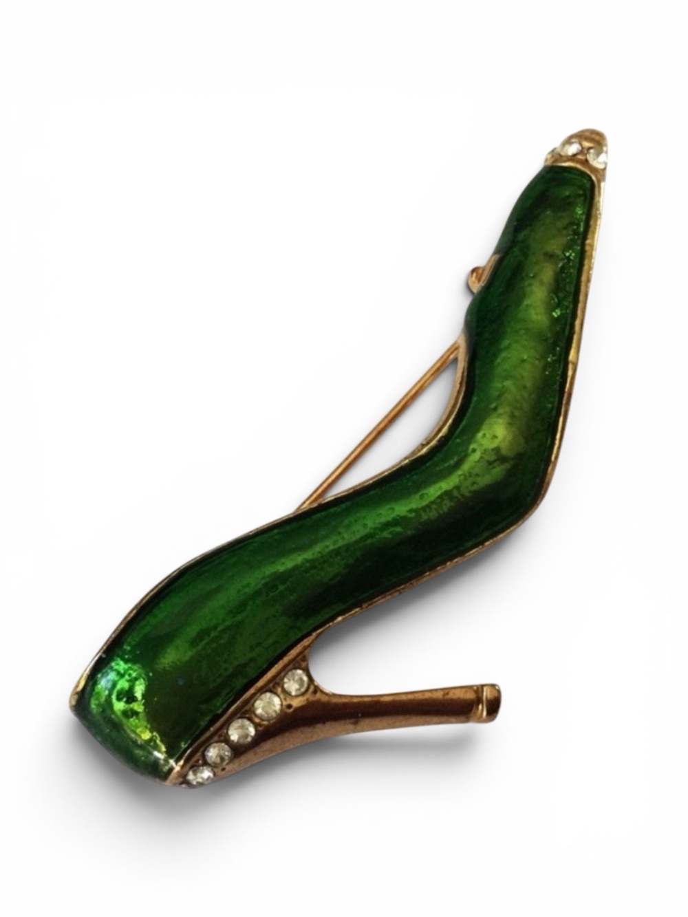 Vintage Green Enamel High‑Heel Shoe Brooch - Gold‑Tone w/ Rhinestones - Picture 5 of 11